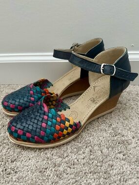 Mexican Woven Multicolor Leather Ankle-Strap Wedges